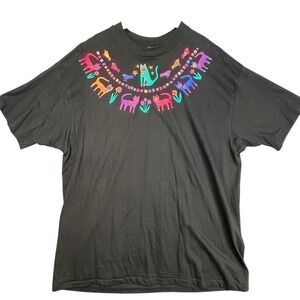 Hanes Vintage Cat Print Black Colorful Animals USA Made 90s Y2K Art T-Shirt XL